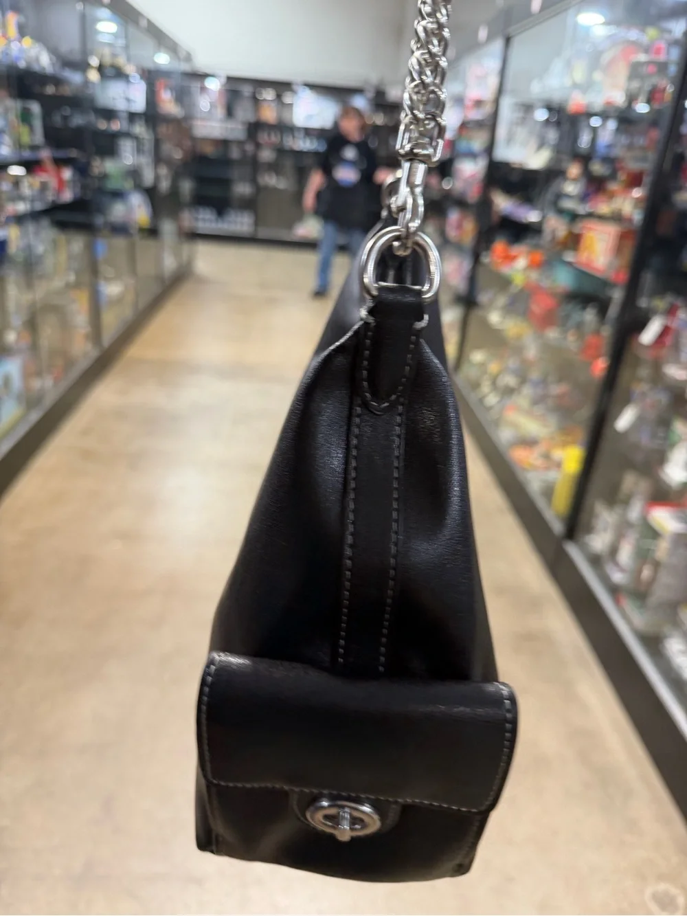 Coach Black Leather Shoulder Bag with Silver Chain Strap
